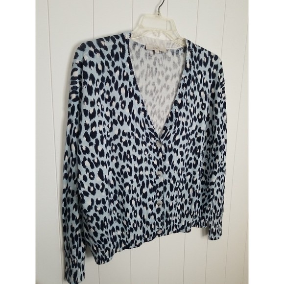 Loft Sweater Womens Size Large Animal Print Blue Button Up Cardigan - Picture 3 of 8